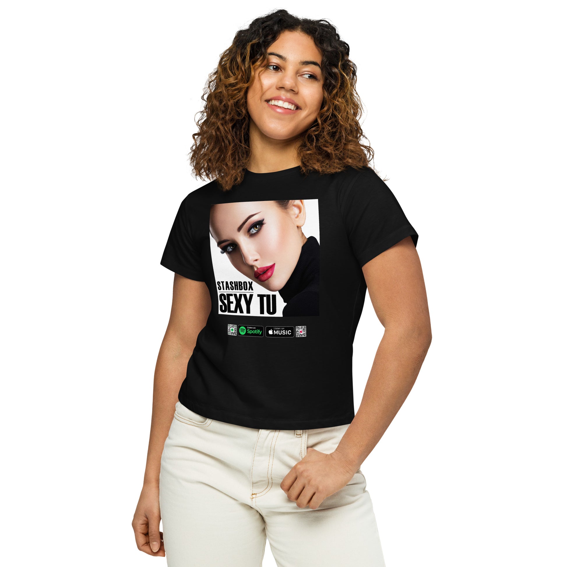 Bold & Beautiful: Sexy Tu Women’s High-Waisted T-Shirt - Design #015. Elevate your fashion game with Stashbox.