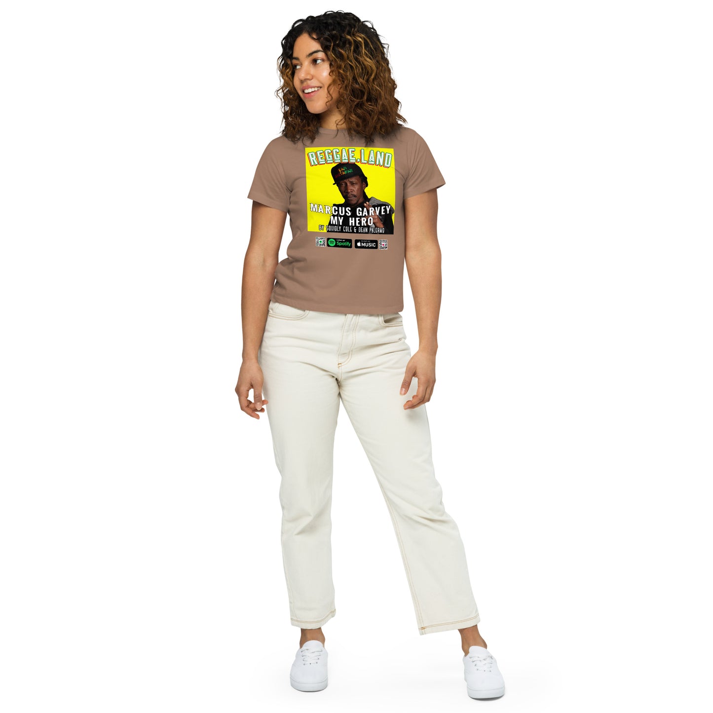 Feminine Empowerment: Reggae.Land Women's High-Waisted T-Shirt - Artwork #010. Garvey's legacy, exclusively at Stashbox.ai.