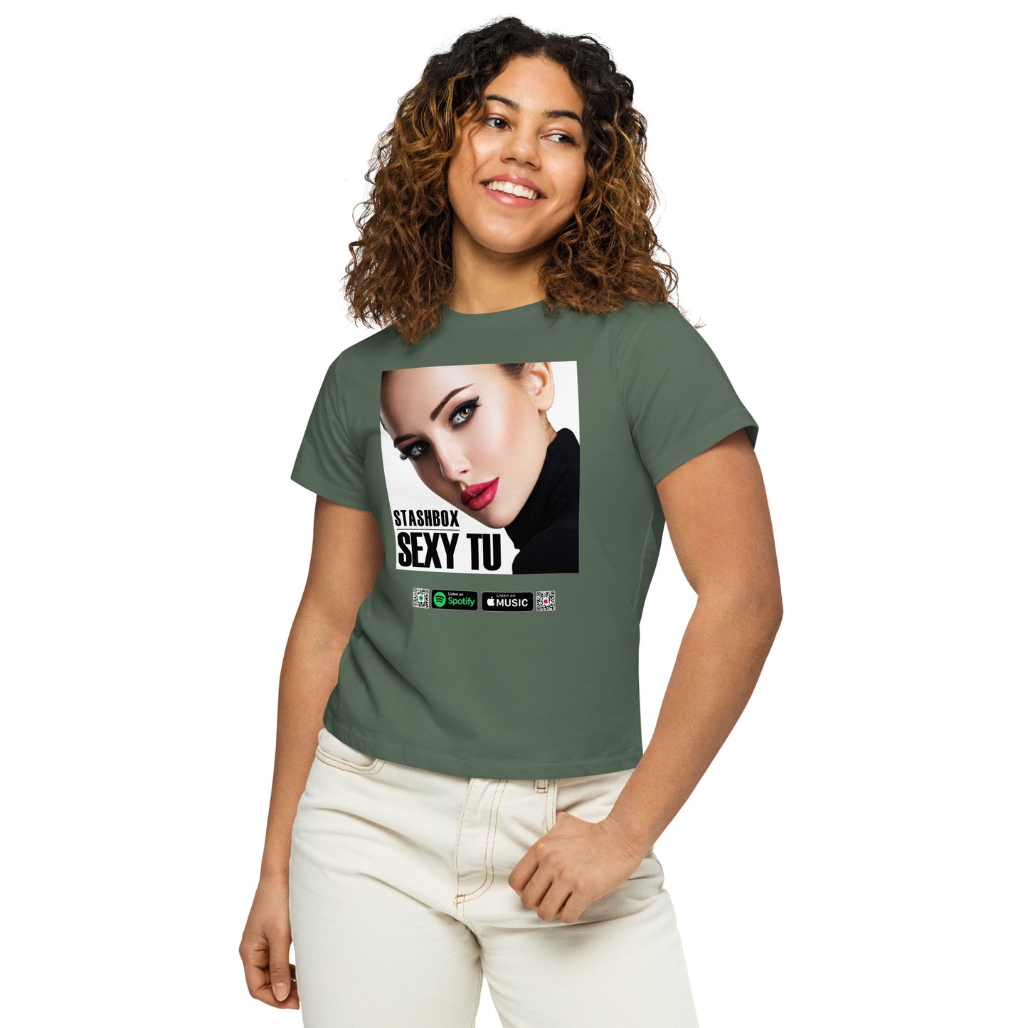 Bold & Beautiful: Sexy Tu Women’s High-Waisted T-Shirt - Design #015. Elevate your fashion game with Stashbox.