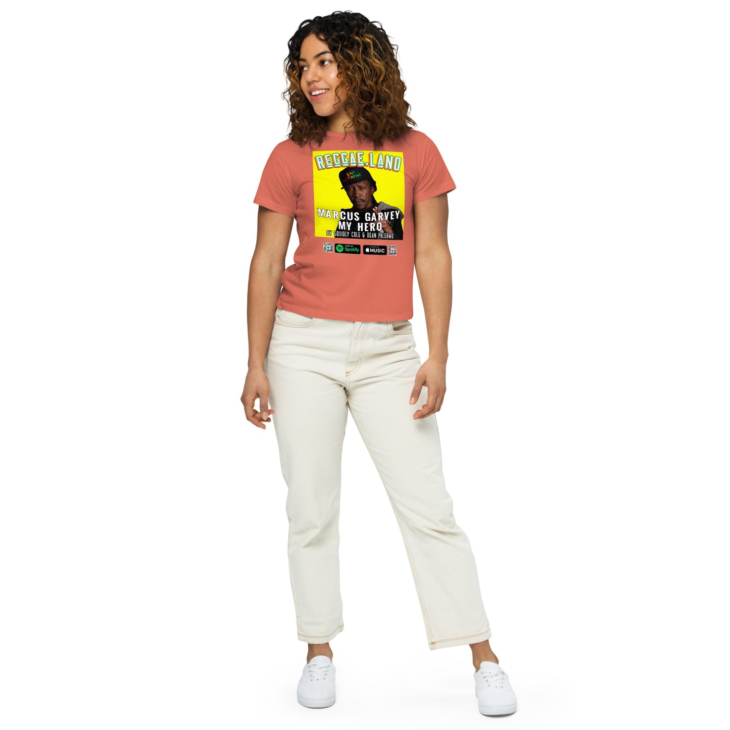 Feminine Empowerment: Reggae.Land Women's High-Waisted T-Shirt - Artwork #010. Garvey's legacy, exclusively at Stashbox.ai.