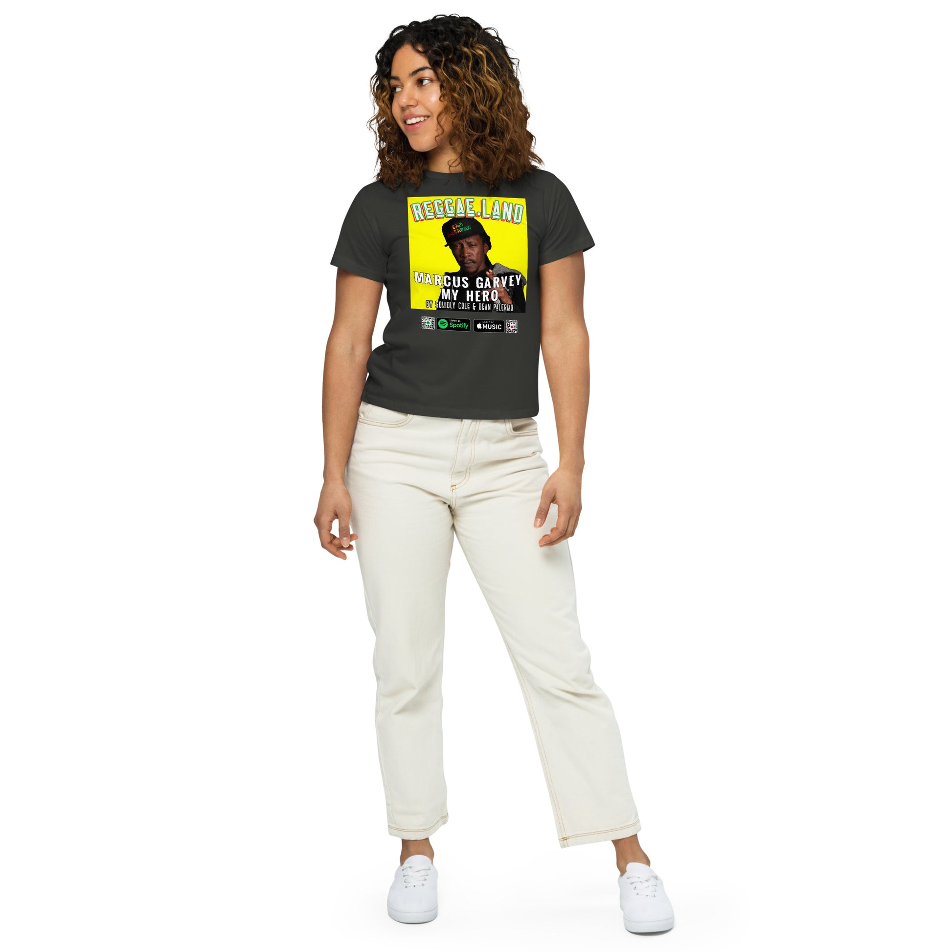 Radiate Heroism: Reggae.Land Women's High-Waisted T-Shirt - Artwork #010. Marcus Garvey's essence, exclusively at Stashbox.ai.