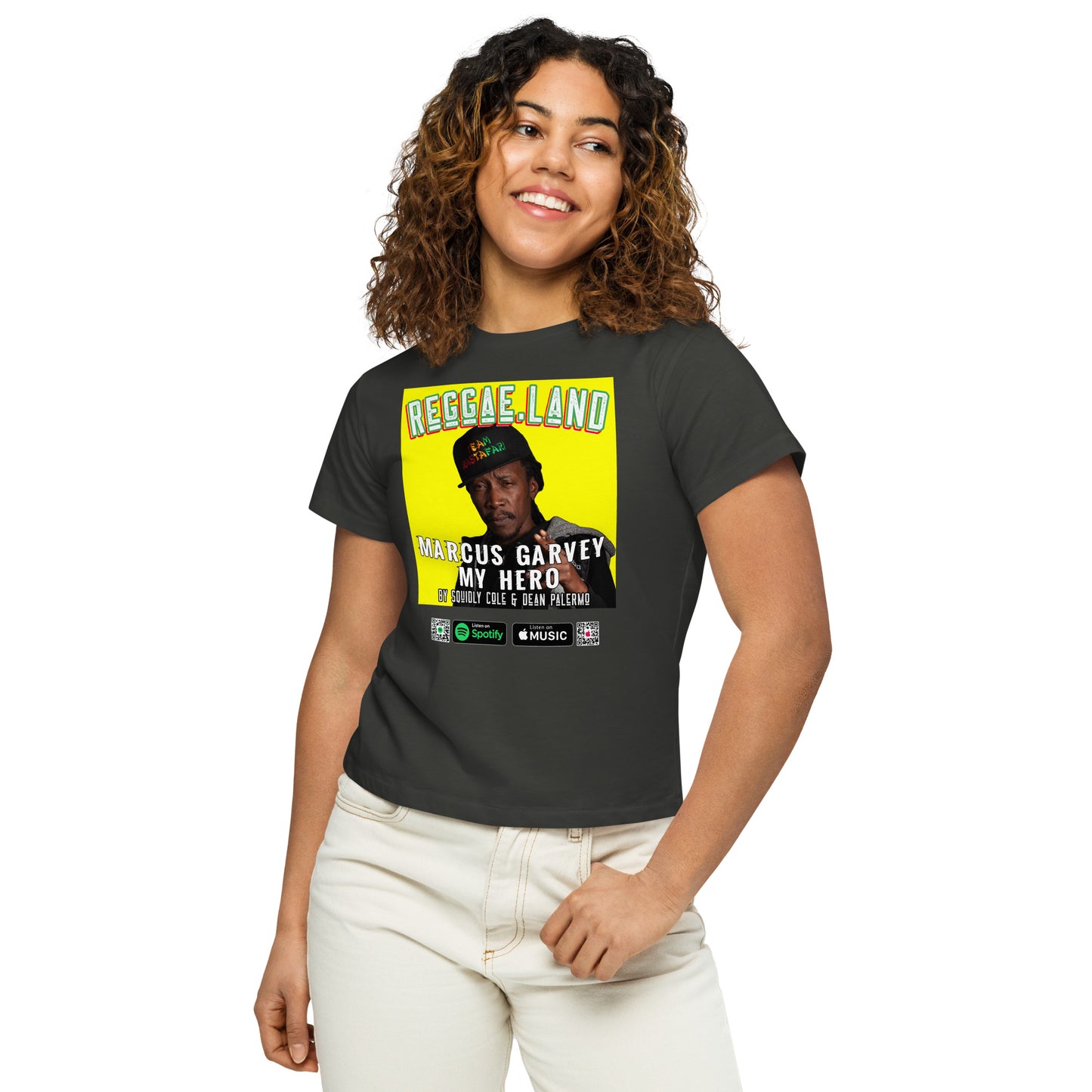 Radiate Heroism: Reggae.Land Women's High-Waisted T-Shirt - Artwork #010. Marcus Garvey's essence, exclusively at Stashbox.ai.