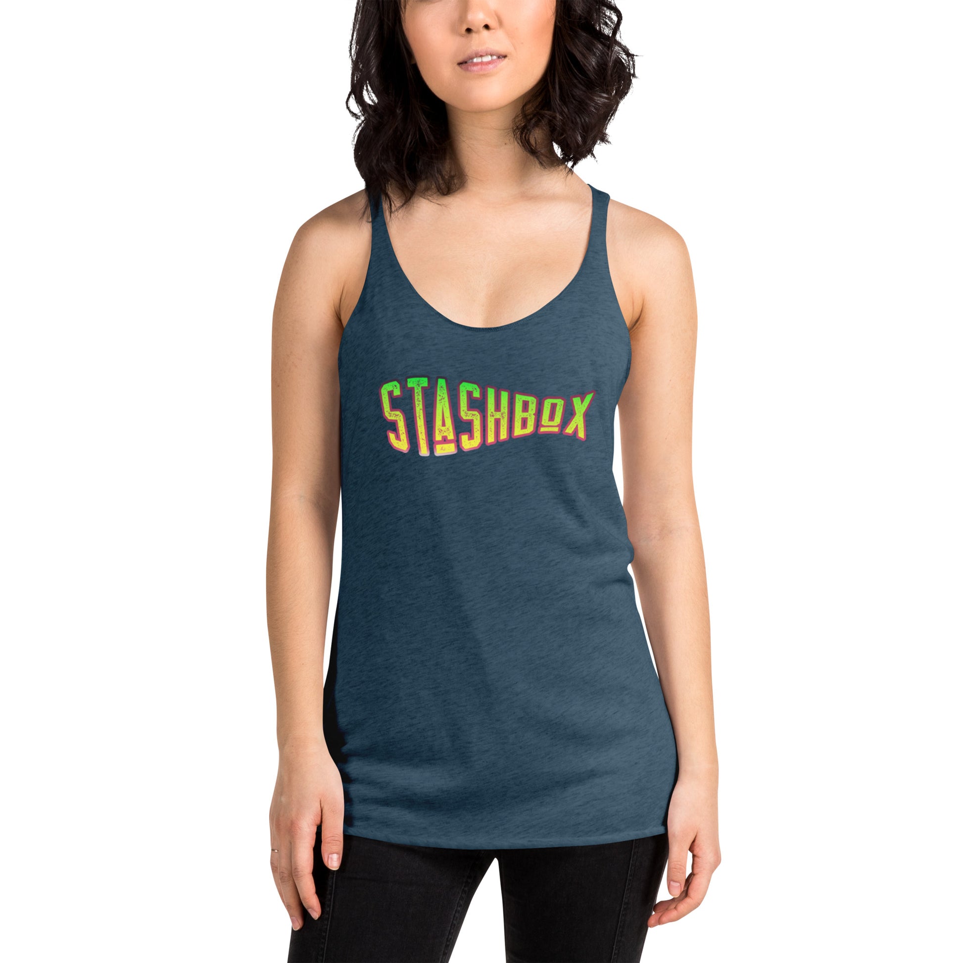 Dive into a world of chic fashion with our Women's Stashbox Racerback Tank Top Shirt, showcasing the unique design #011. Explore unparalleled style, exclusively crafted by Stashbox.